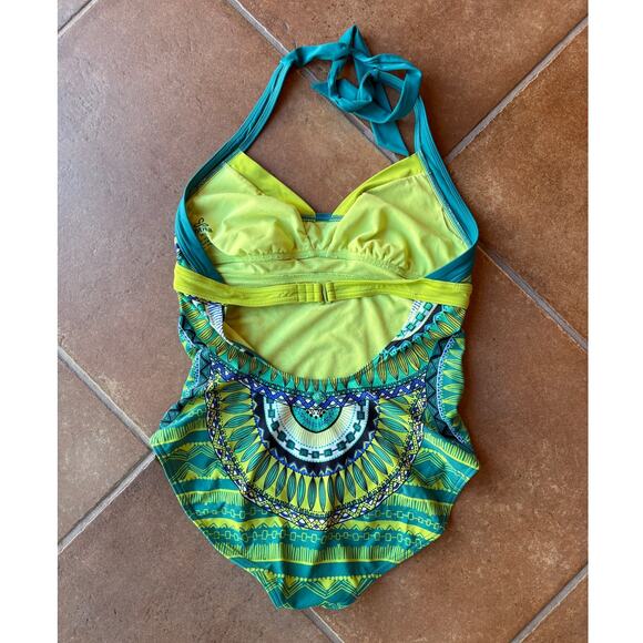 Prana Green Multi-Color Halter Top Bohemian Print One Piece Swimsuit size M - Picture 10 of 11
